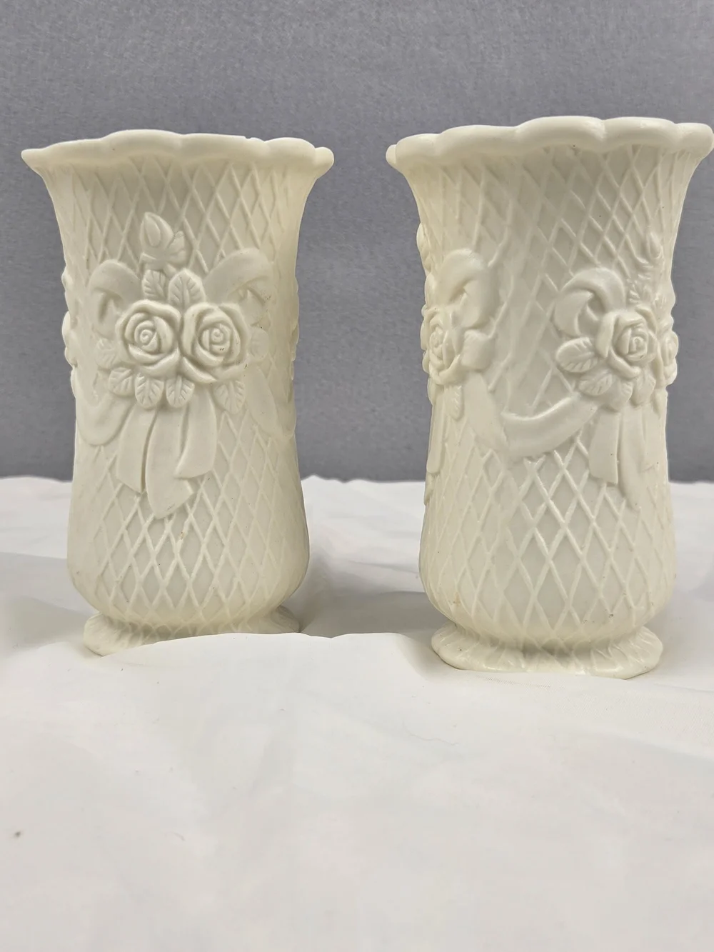 Pair of Vintage Porcelain Bisque Rose & Lattice Vases